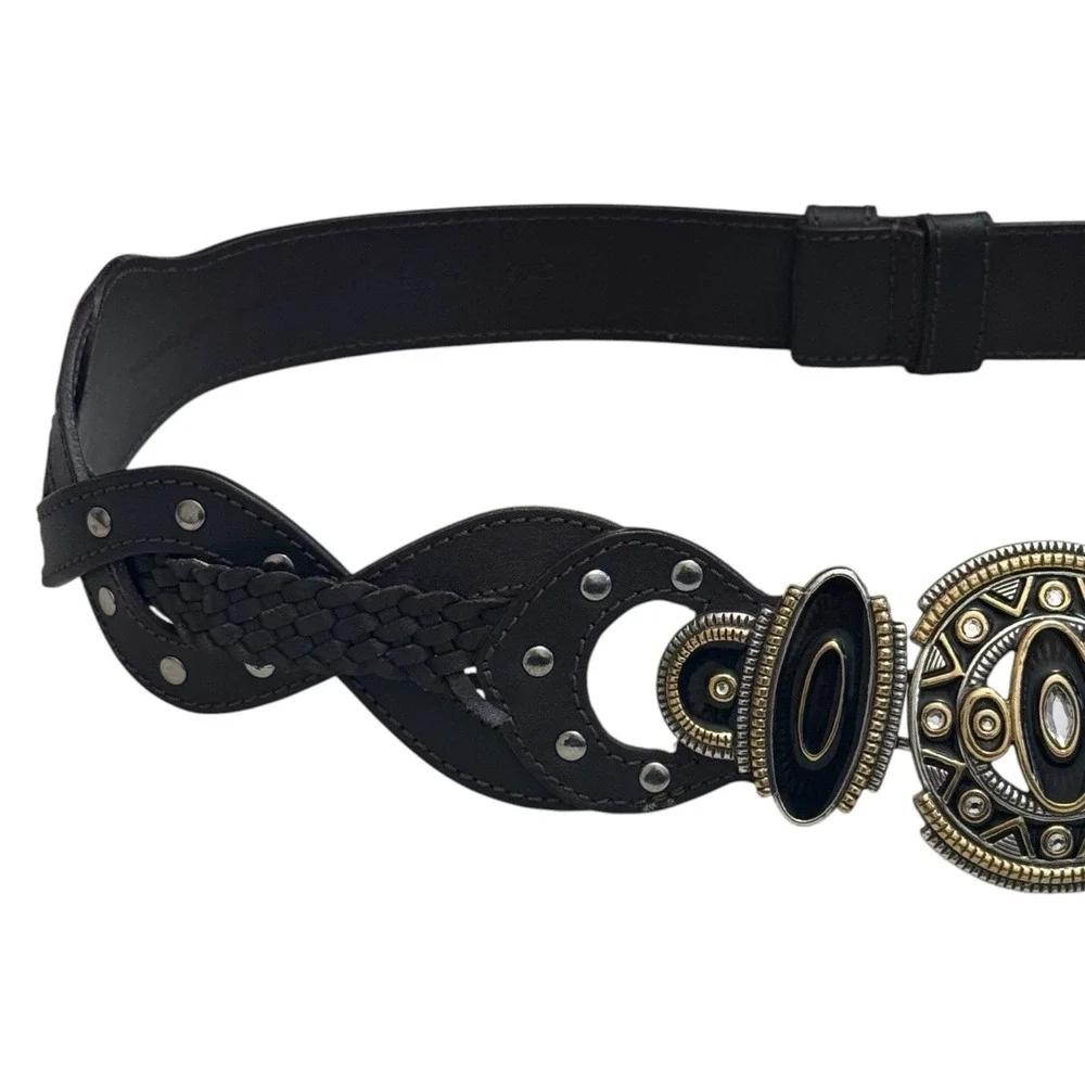 Chico's Genuine Leather Belt Silver And Gold Ornate Buckle Rodeo‎ Boho Luxury